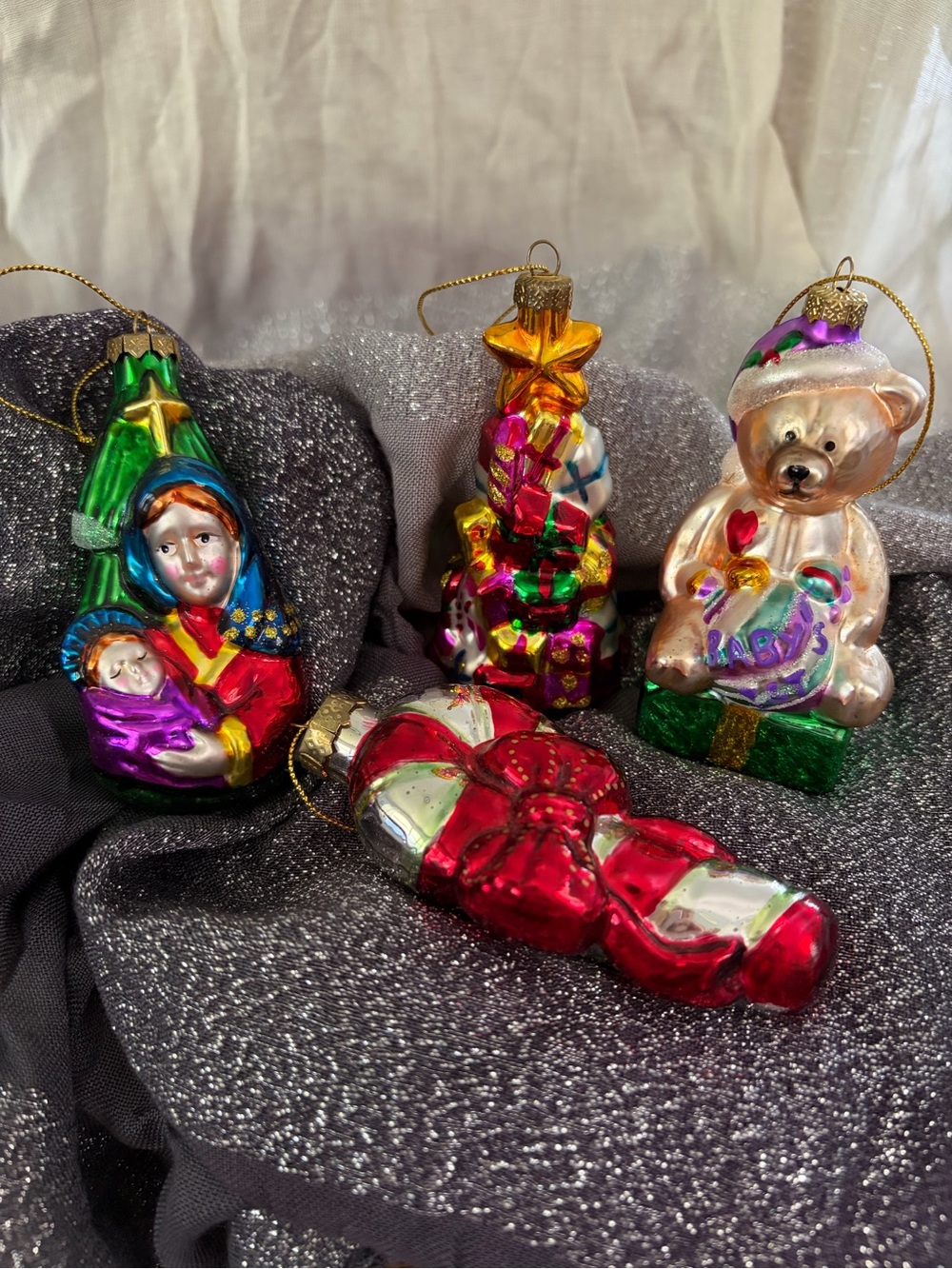 Christmas Ornaments Blown Glass Set of 4 Christmas Tree, Nativity, Teddy & Candy